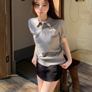 Women's American Vintage Polo Shirt, Gray Knitted Short Sleeve with Letter Embroidery, Casual Summer Style Top