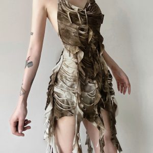 Women's Backless Halter Neck Bodycon Skirt with Tassel Straps, Layered Design, Vintage Inspired, Edgy Wasteland Look