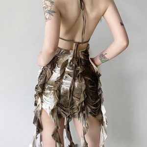 Women's Backless Halter Neck Bodycon Skirt with Tassel Straps, Layered Design, Vintage Inspired, Edgy Wasteland Look