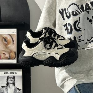 Women's Black and White Breathable Mesh Dad Sneakers - Lightweight Casual Sports Shoes for Everyday Comfort