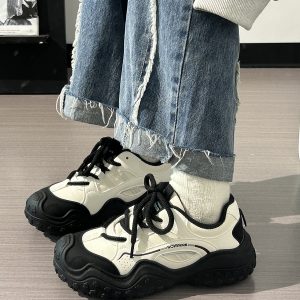 Women's Black and White Breathable Mesh Dad Sneakers - Lightweight Casual Sports Shoes for Everyday Comfort