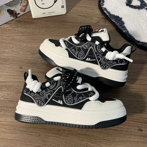 Women's Black and White Panda Sneakers - Breathable Thick-Soled Footwear for 2025, Versatile Design, Trendy Y2K Style