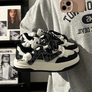 Women's Black and White Panda Sneakers - Breathable Thick-Soled Footwear for 2025, Versatile Design, Trendy Y2K Style