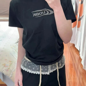 Women's Black Lace Splicing Cargo Pants - 2025 Wide-Leg Design, American Style, Korean Casual Fashion