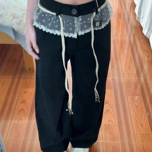 Women's Black Lace Splicing Cargo Pants - 2025 Wide-Leg Design, American Style, Korean Casual Fashion