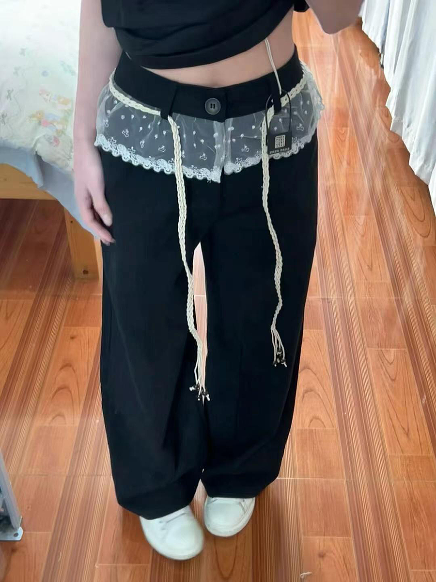 Women's Black Lace Splicing Cargo Pants - 2025 Wide-Leg Design, American Style, Korean Casual Fashion Women's Black Lace Splicing Cargo Pants - 2025 Wide-Leg Design, American Style, Korean Casual Fashion