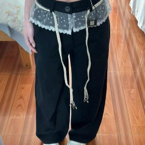 Women's Black Lace Splicing Cargo Pants - 2025 Wide-Leg Design, American Style, Korean Casual Fashion