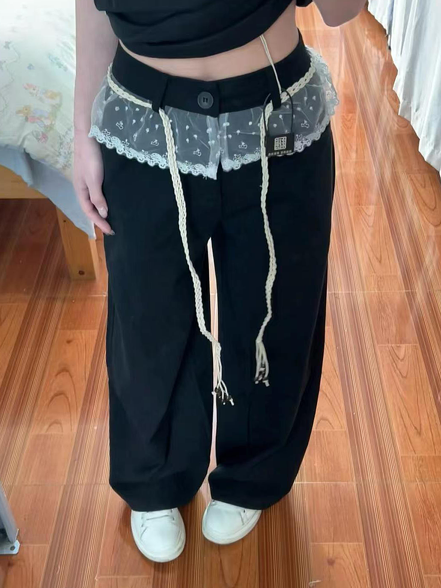 Women's Black Lace Splicing Cargo Pants - 2025 Wide-Leg Design, American Style, Korean Casual Fashion Women's Black Lace Splicing Cargo Pants - 2025 Wide-Leg Design, American Style, Korean Casual Fashion