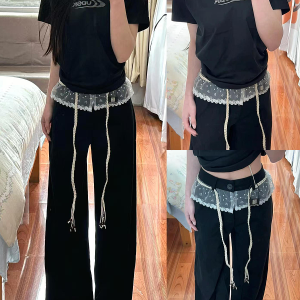 Women's Black Lace Splicing Cargo Pants - 2025 Wide-Leg Design, American Style, Korean Casual Fashion