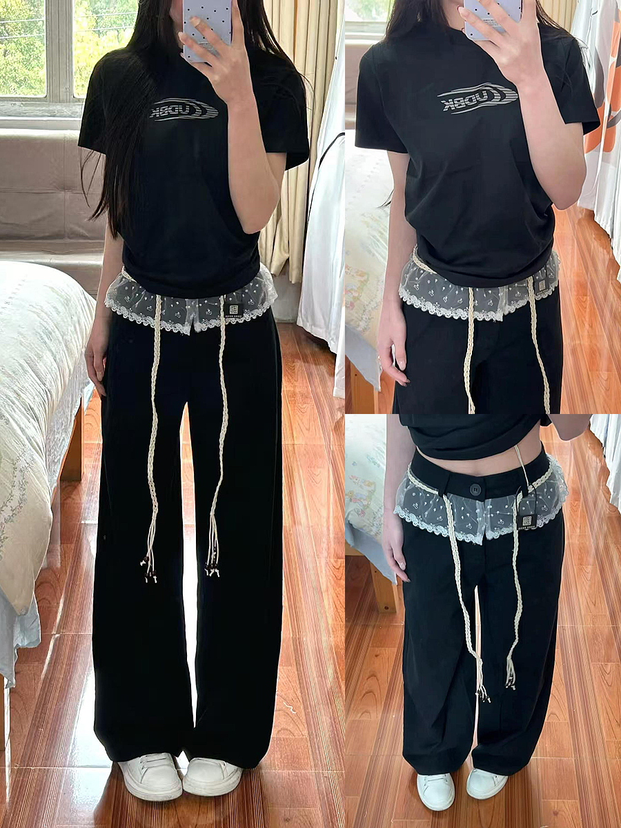 Women's Black Lace Splicing Cargo Pants - 2025 Wide-Leg Design, American Style, Korean Casual Fashion Women's Black Lace Splicing Cargo Pants - 2025 Wide-Leg Design, American Style, Korean Casual Fashion