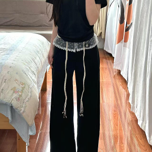 Women's Black Lace Splicing Cargo Pants - 2025 Wide-Leg Design, American Style, Korean Casual Fashion