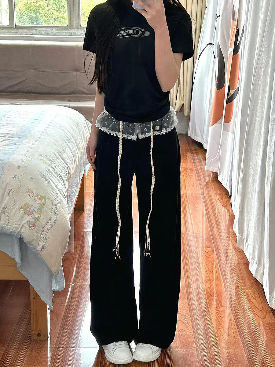 Women's Black Lace Splicing Cargo Pants - 2025 Wide-Leg Design, American Style, Korean Casual Fashion Women's Black Lace Splicing Cargo Pants - 2025 Wide-Leg Design, American Style, Korean Casual Fashion