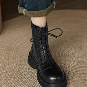 Women's Black Lace-Up Thick-Soled Martin Boots in First-Layer Cowhide - Stylish Short Boots for Fall and Winter