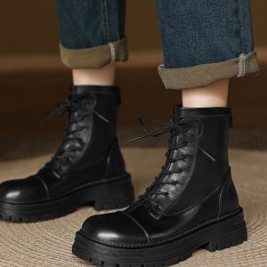 Women's Black Lace-Up Thick-Soled Martin Boots in First-Layer Cowhide - Stylish Short Boots for Fall and Winter