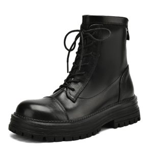 Women's Black Lace-Up Thick-Soled Martin Boots in First-Layer Cowhide - Stylish Short Boots for Fall and Winter