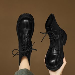 Women's Black Lace-Up Thick-Soled Martin Boots in First-Layer Cowhide - Stylish Short Boots for Fall and Winter