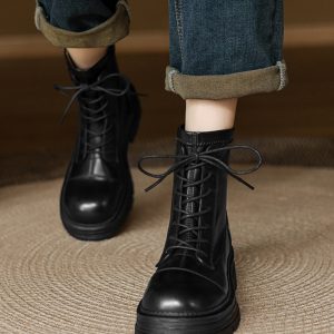 Women's Black Lace-Up Thick-Soled Martin Boots in First-Layer Cowhide - Stylish Short Boots for Fall and Winter