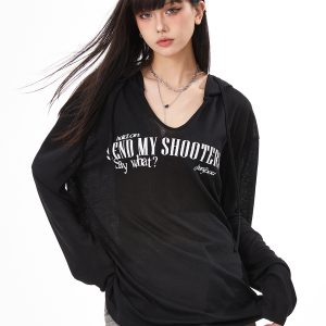 Women's Black Loose Jazz Top - Spicy Girl Dancing Summer Shirt with Sun Protection, Airy Design for Comfort