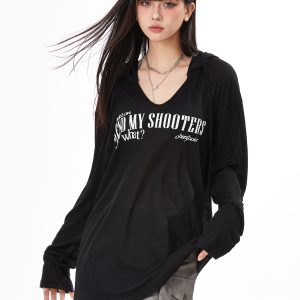 Women's Black Loose Jazz Top - Spicy Girl Dancing Summer Shirt with Sun Protection, Airy Design for Comfort
