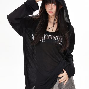 Women's Black Loose Jazz Top - Spicy Girl Dancing Summer Shirt with Sun Protection, Airy Design for Comfort