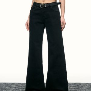 Women's Black Mid-Waist Flared Jeans - Versatile High Street Wide-Leg Trousers for Spring - Slimming Floor-Length Style