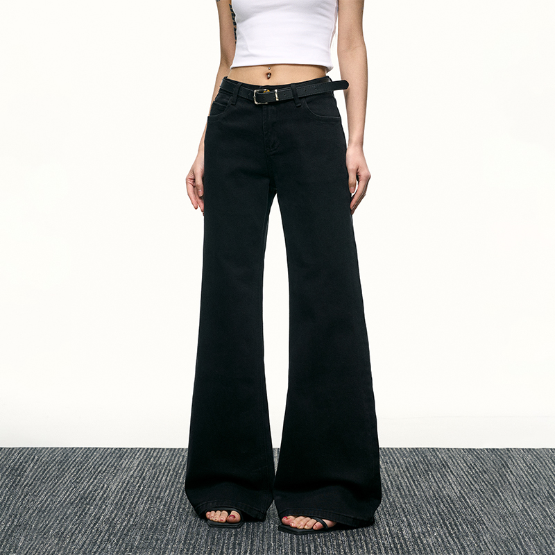 Women's Black Mid-Waist Flared Jeans - Versatile High Street Wide-Leg Trousers for Spring - Slimming Floor-Length Style