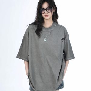 Women's Black Short Sleeve T-Shirt with Hip-Hop Destruction Design - Loose Fit Summer Trend for Casual Style