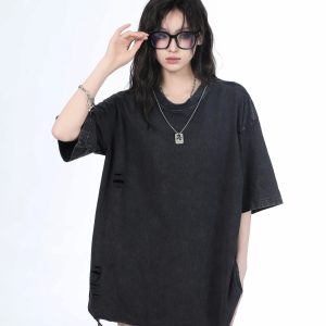 Women's Black Short Sleeve T-Shirt with Hip-Hop Destruction Design - Loose Fit Summer Trend for Casual Style