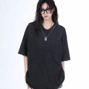 Women's Black Short Sleeve T-Shirt with Hip-Hop Destruction Design - Loose Fit Summer Trend for Casual Style