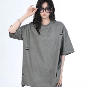 Women's Black Short Sleeve T-Shirt with Hip-Hop Destruction Design - Loose Fit Summer Trend for Casual Style