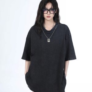 Women's Black Short Sleeve T-Shirt with Hip-Hop Destruction Design - Loose Fit Summer Trend for Casual Style