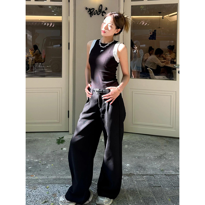 Women's Black Slim Fit Fake Two-Piece Tank Top - American Style 2025 Summer Sports Camisole