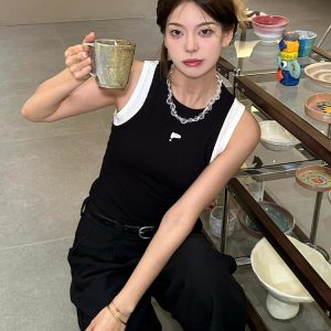 Women's Black Slim Fit Fake Two-Piece Tank Top - American Style 2025 Summer Sports Camisole