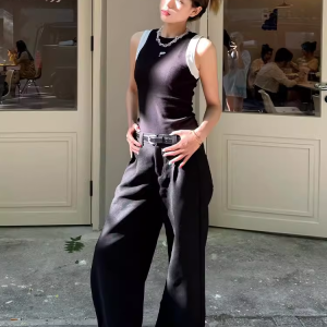 Women's Black Slim Fit Fake Two-Piece Tank Top - American Style 2025 Summer Sports Camisole