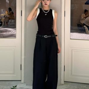 Women's Black Slim Fit Fake Two-Piece Tank Top - American Style 2025 Summer Sports Camisole