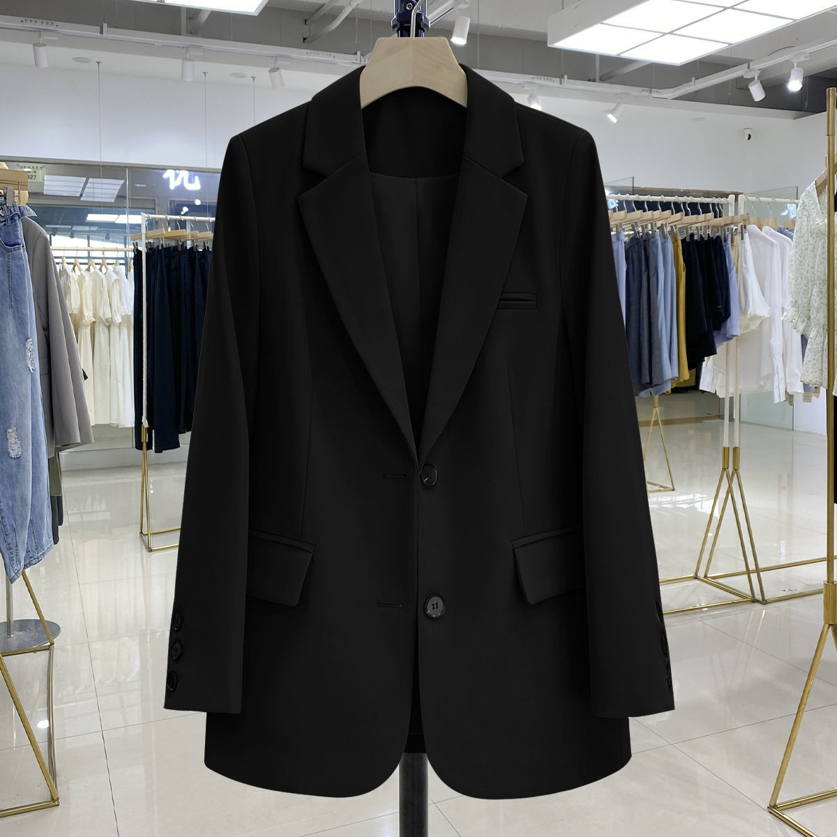 Women's Black Slimming Blazer - High-End British Street Fashion for Spring & Autumn 2025, Versatile Small Suit Jacket