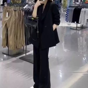 Women's Black Suit Jacket and Wide-Leg Pants Set - High-End Drape with Side Slit - 2025 Spring Autumn Fashion