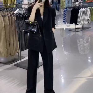 Women's Black Suit Jacket and Wide-Leg Pants Set - High-End Drape with Side Slit - 2025 Spring Autumn Fashion