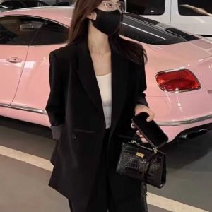 Women's Black Suit Jacket and Wide-Leg Pants Set - High-End Drape with Side Slit - 2025 Spring Autumn Fashion