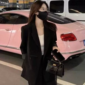 Women's Black Suit Jacket and Wide-Leg Pants Set - High-End Drape with Side Slit - 2025 Spring Autumn Fashion
