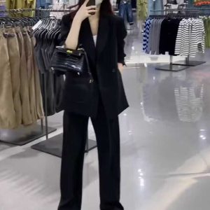 Women's Black Suit Jacket and Wide-Leg Pants Set - High-End Drape with Side Slit - 2025 Spring Autumn Fashion