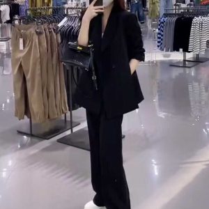 Women's Black Suit Jacket and Wide-Leg Pants Set - High-End Drape with Side Slit - 2025 Spring Autumn Fashion