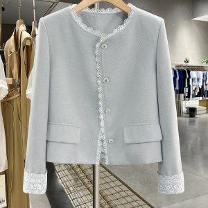 Women's Blue Lace Spliced Short Jacket - Trendy Spring 2025 Fashion for Autumn, Chic Layering Top