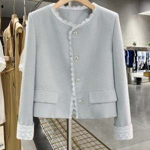 Women's Blue Lace Spliced Short Jacket - Trendy Spring 2025 Fashion for Autumn, Chic Layering Top