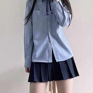 Women's Blue Long Sleeve Shirt - Basic Layered Design for Spring Summer, College Style, Niche Fashion for Students