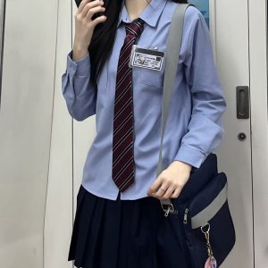 Women's Blue Long Sleeve Shirt - Basic Layered Design for Spring Summer, College Style, Niche Fashion for Students