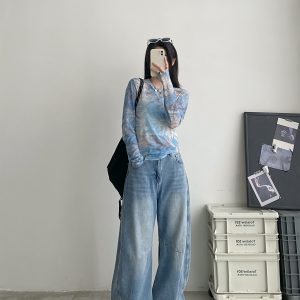 Women's Blue Tie-Dye Long Sleeve T-Shirt - Slim Fit Round Neck with Sun Protection - Summer Korean Style