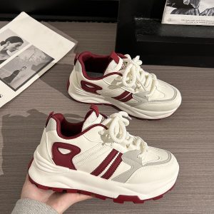 Women's Breathable Mesh Lightweight Soft-Soled Dad Shoes in Wine Red - Versatile Y2K White Sneakers for Everyday Style