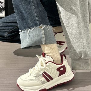 Women's Breathable Mesh Lightweight Soft-Soled Dad Shoes in Wine Red - Versatile Y2K White Sneakers for Everyday Style