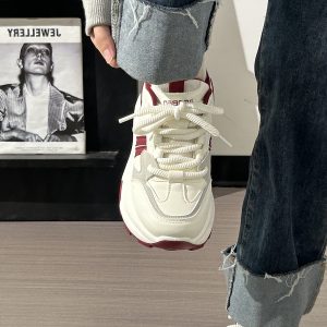 Women's Breathable Mesh Lightweight Soft-Soled Dad Shoes in Wine Red - Versatile Y2K White Sneakers for Everyday Style